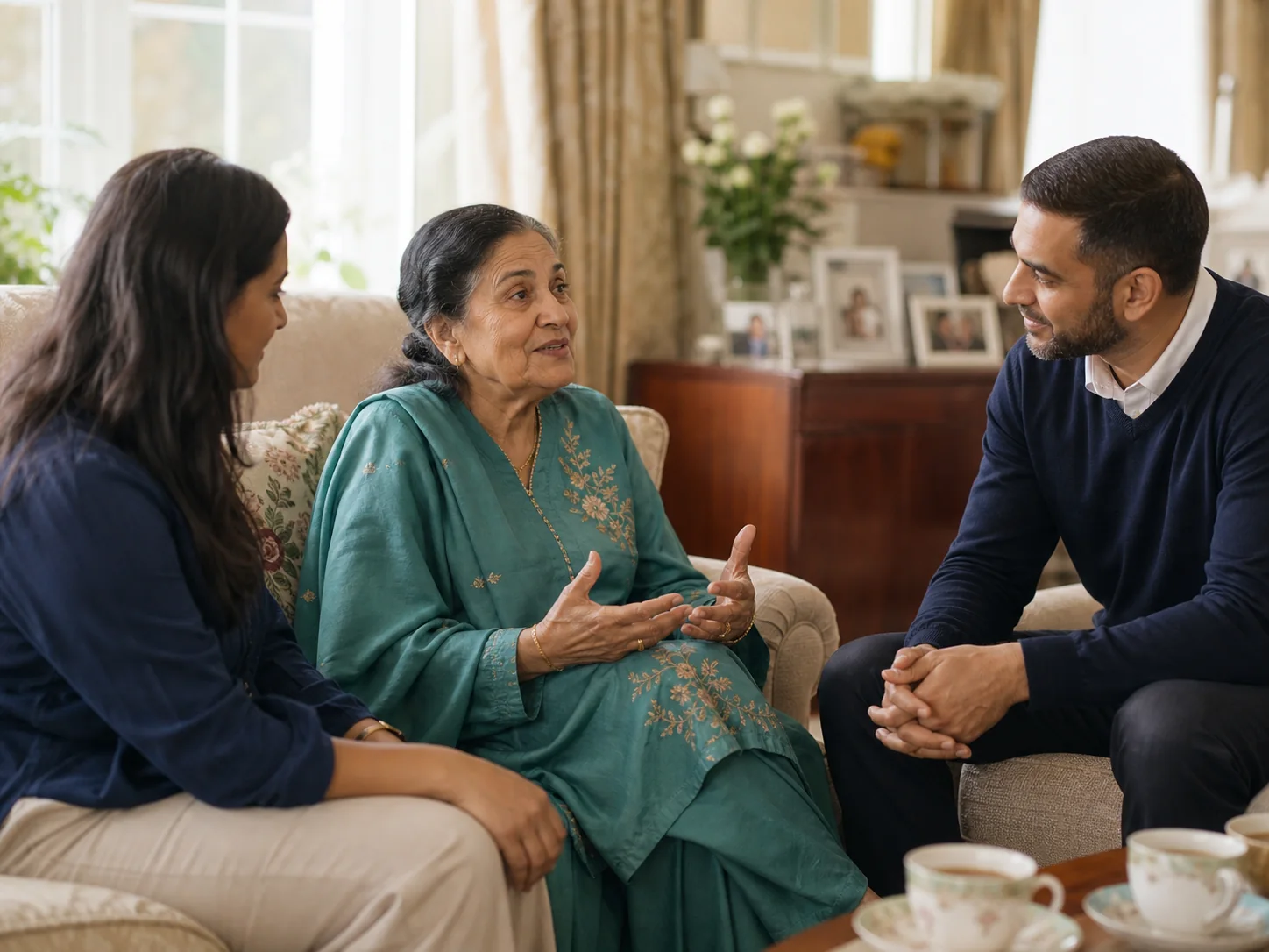 An older woman sharing her preferences with her daughter and a care professional