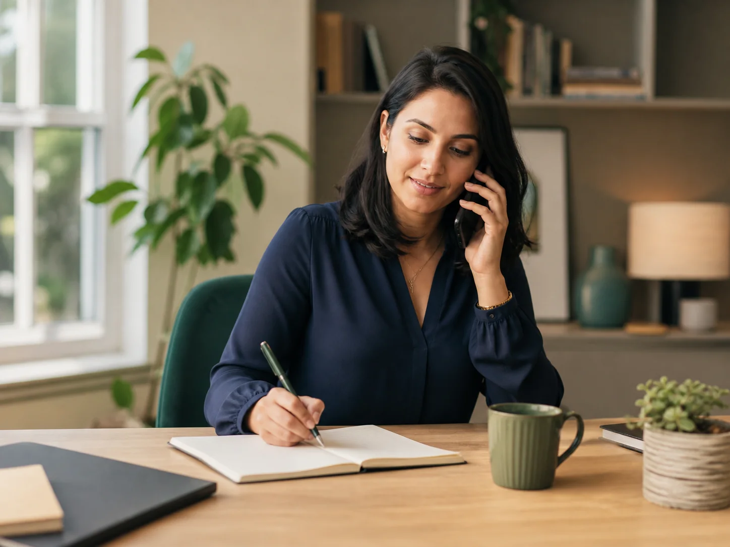 A care coordinator listening attentively to an enquiry by phone