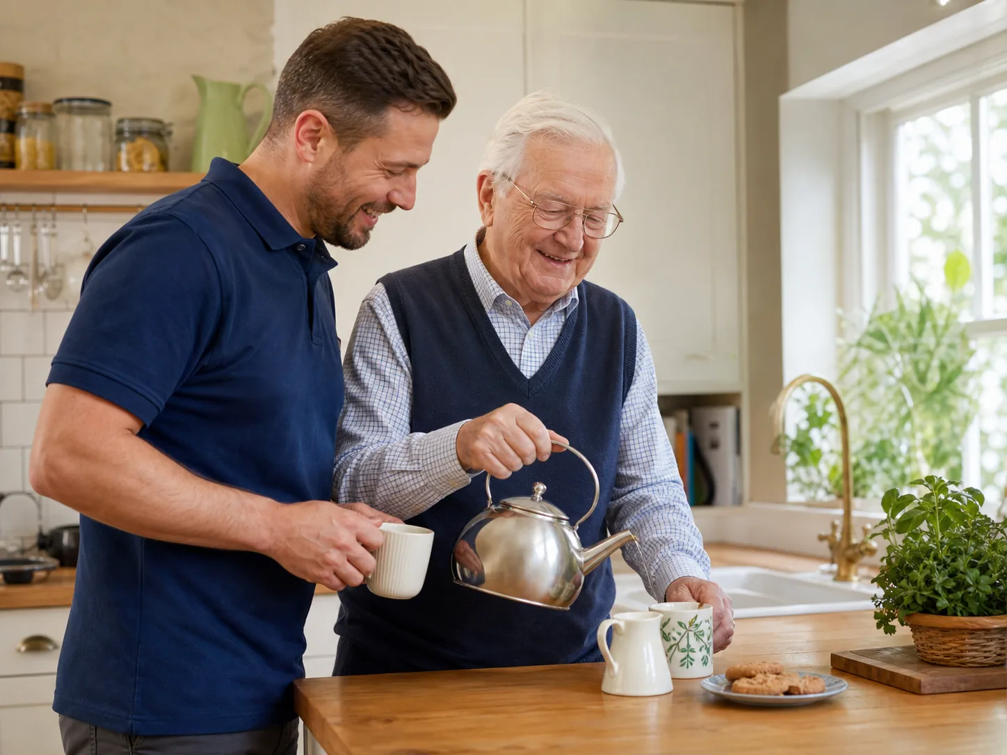 An older gentleman preparing tea at home with a supportive care professional