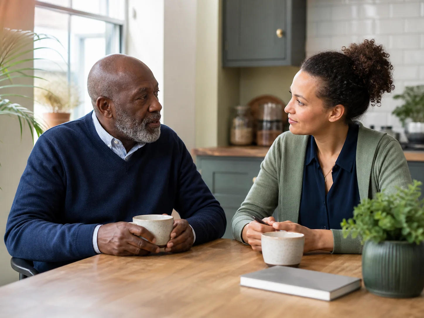 An older man discussing his care preferences with a care coordinator at home