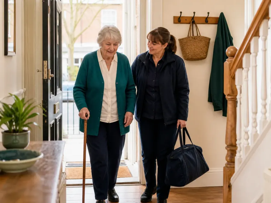 An older woman returning safely home with support after a hospital stay