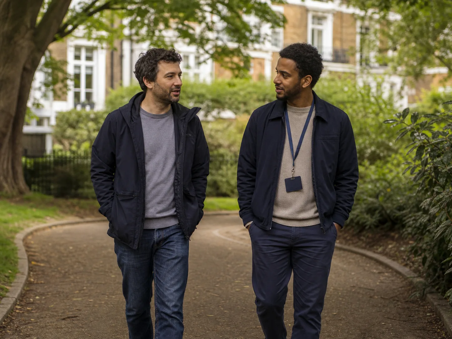 A man walking and talking with a mental health support professional in a London park
