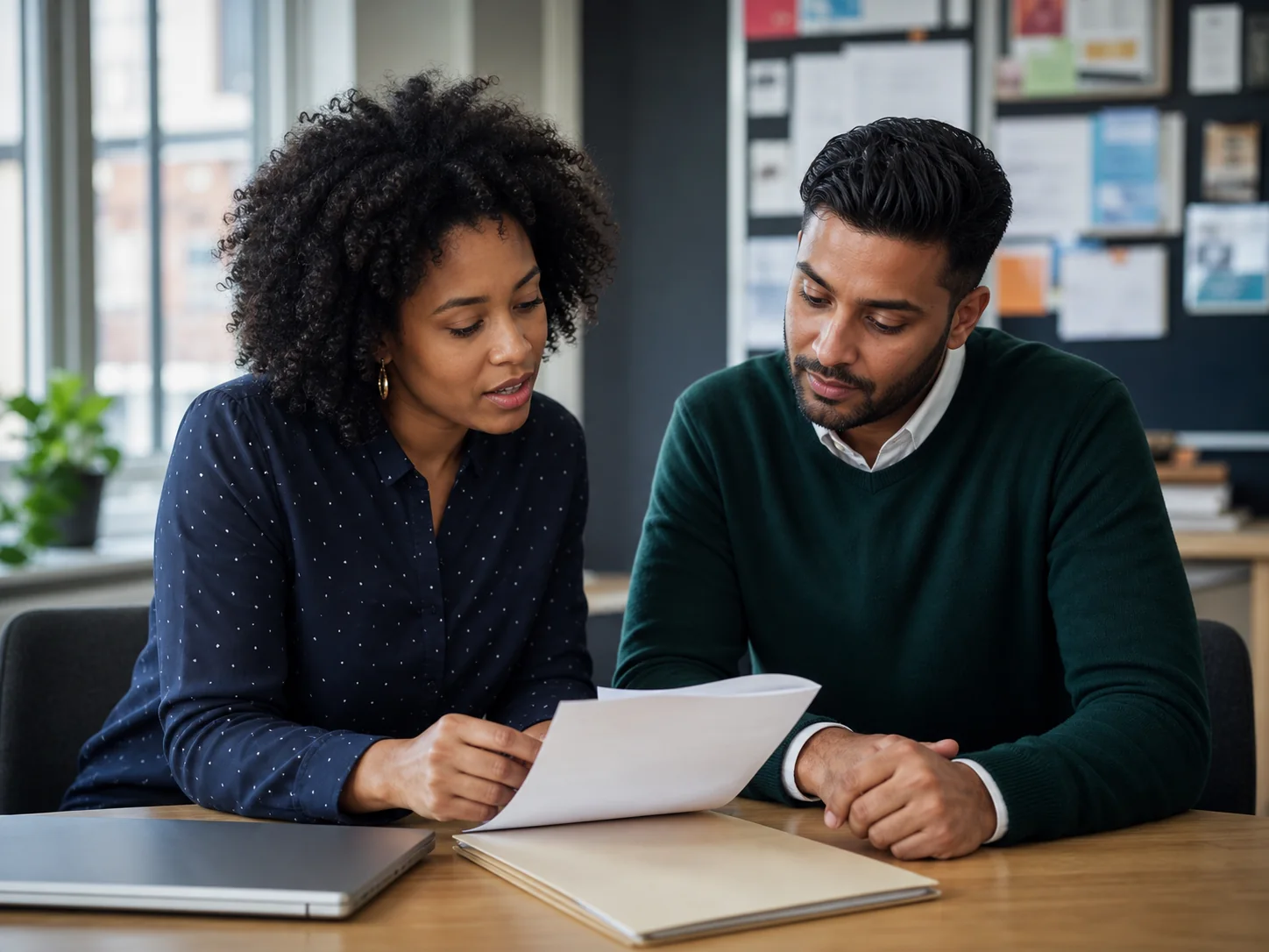 A social worker and care coordinator reviewing a referral plan together
