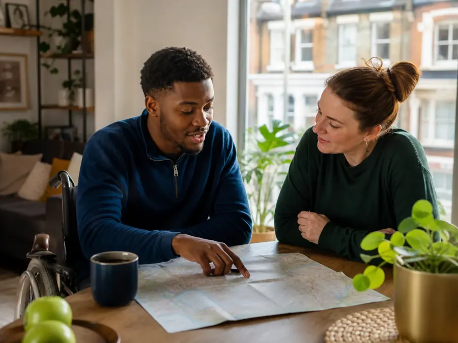 A young man planning a community outing with a support worker in his home